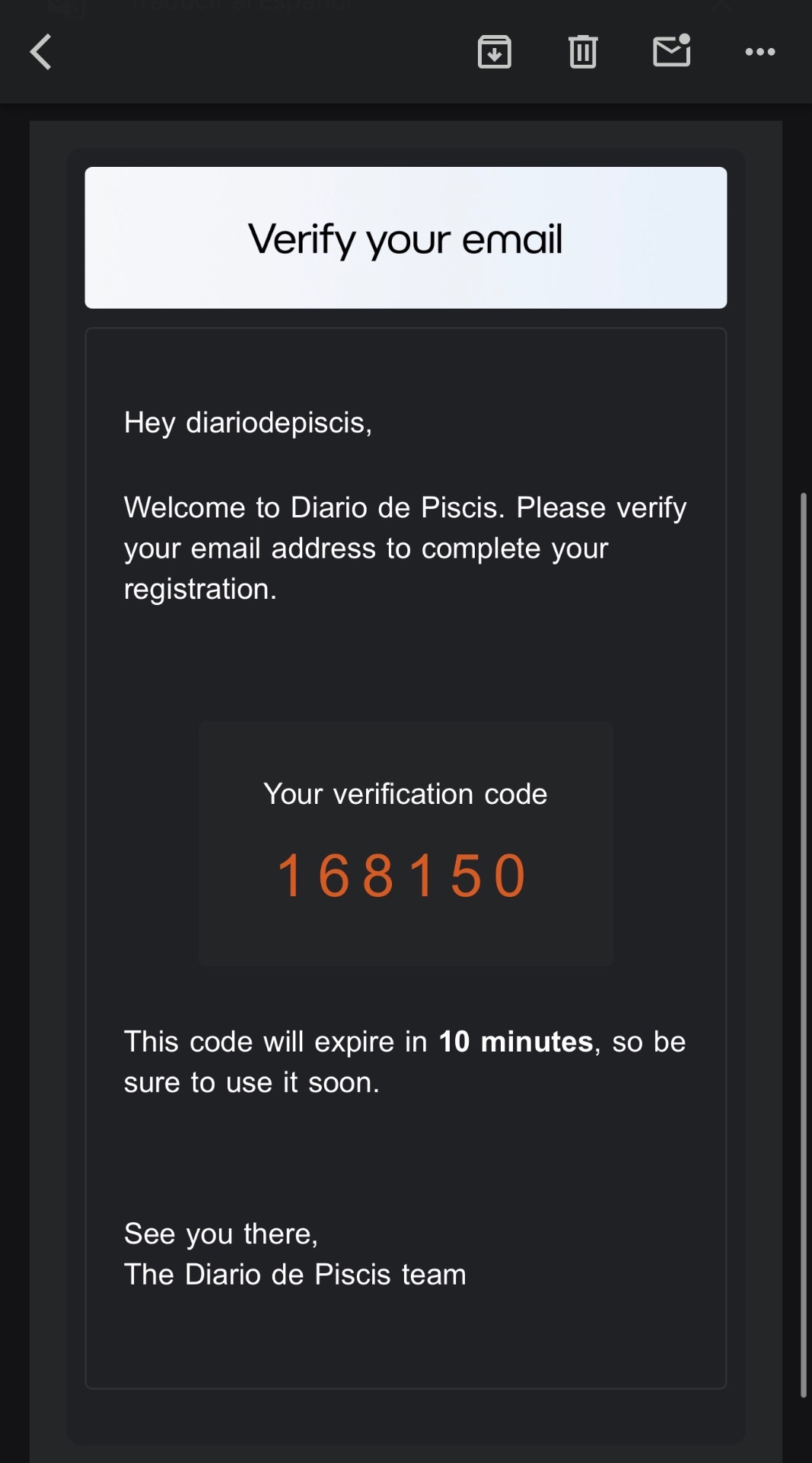 Correo con código de verificación